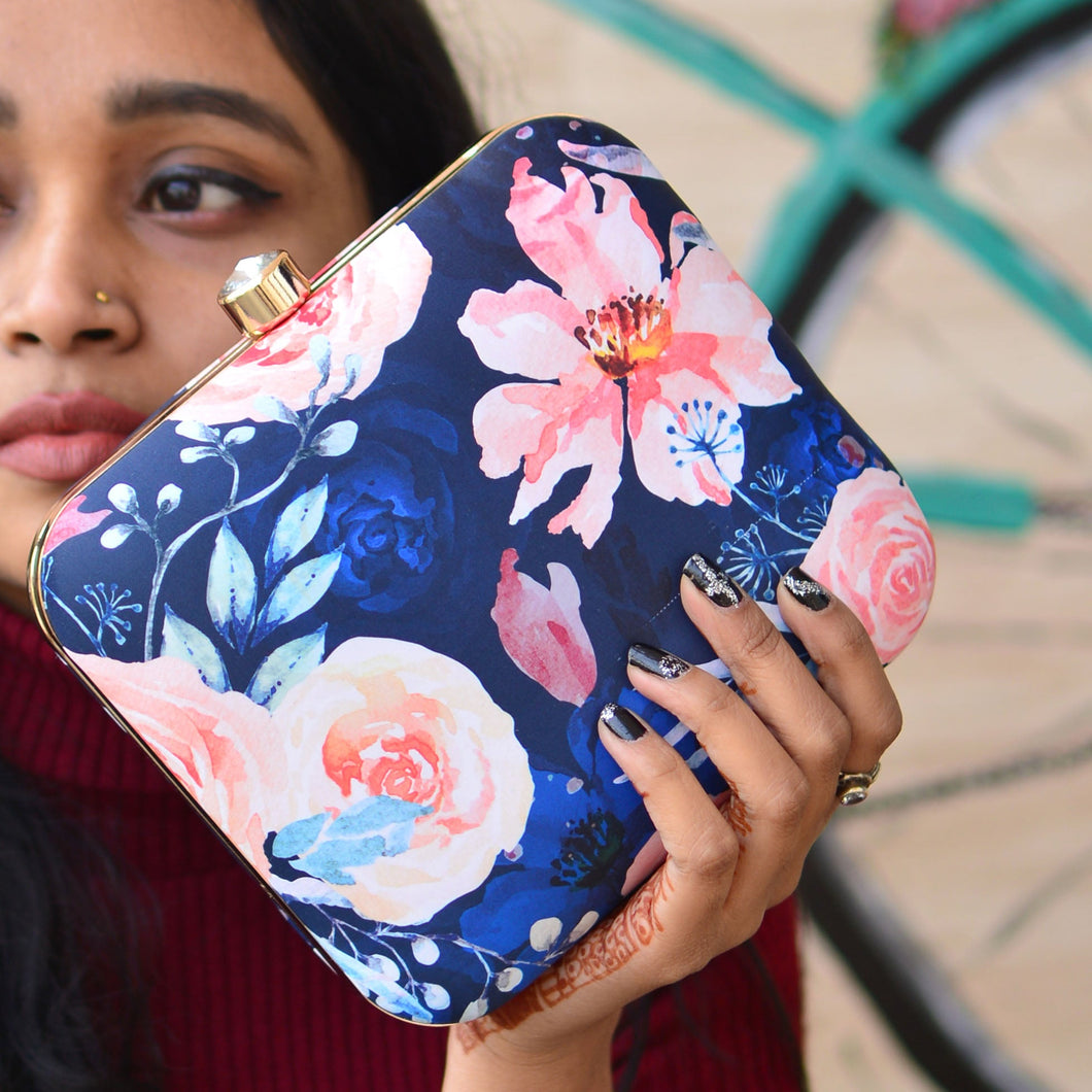 Blue Pink Floral Printed Clutch