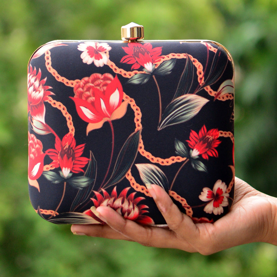 Red & Black Floral Printed Clutch