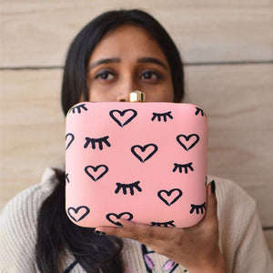 True Black Heart Printed Pink Clutch