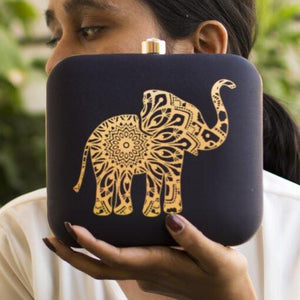 Royal Elephant Printed Black Clutch