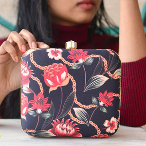 Red & Black Floral Printed Clutch